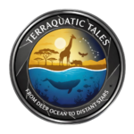 Circular logo with the text “TERRAAQUATIC TALES” at the top and “FROM DEEP OCEAN TO DISTANT STARS” at the bottom. The center illustration is split horizontally: above water shows an African savanna at sunset with a giraffe, rhinoceros, bird, acacia trees, and a star constellation in the night sky; below water shows a blue ocean scene with a whale, fish, corals, and underwater plants. The overall design suggests storytelling across land, sea, and cosmos.