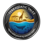Circular logo with the text “TERRAAQUATIC TALES” at the top and “FROM DEEP OCEAN TO DISTANT STARS” at the bottom. The center illustration is split horizontally: above water shows an African savanna at sunset with a giraffe, rhinoceros, bird, acacia trees, and a star constellation in the night sky; below water shows a blue ocean scene with a whale, fish, corals, and underwater plants. The overall design suggests storytelling across land, sea, and cosmos.