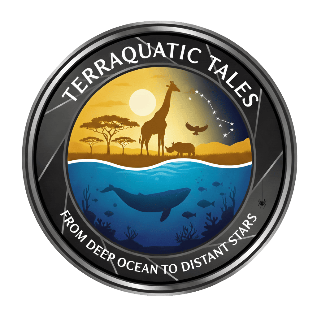Circular logo with the text “TERRAAQUATIC TALES” at the top and “FROM DEEP OCEAN TO DISTANT STARS” at the bottom. The center illustration is split horizontally: above water shows an African savanna at sunset with a giraffe, rhinoceros, bird, acacia trees, and a star constellation in the night sky; below water shows a blue ocean scene with a whale, fish, corals, and underwater plants. The overall design suggests storytelling across land, sea, and cosmos.