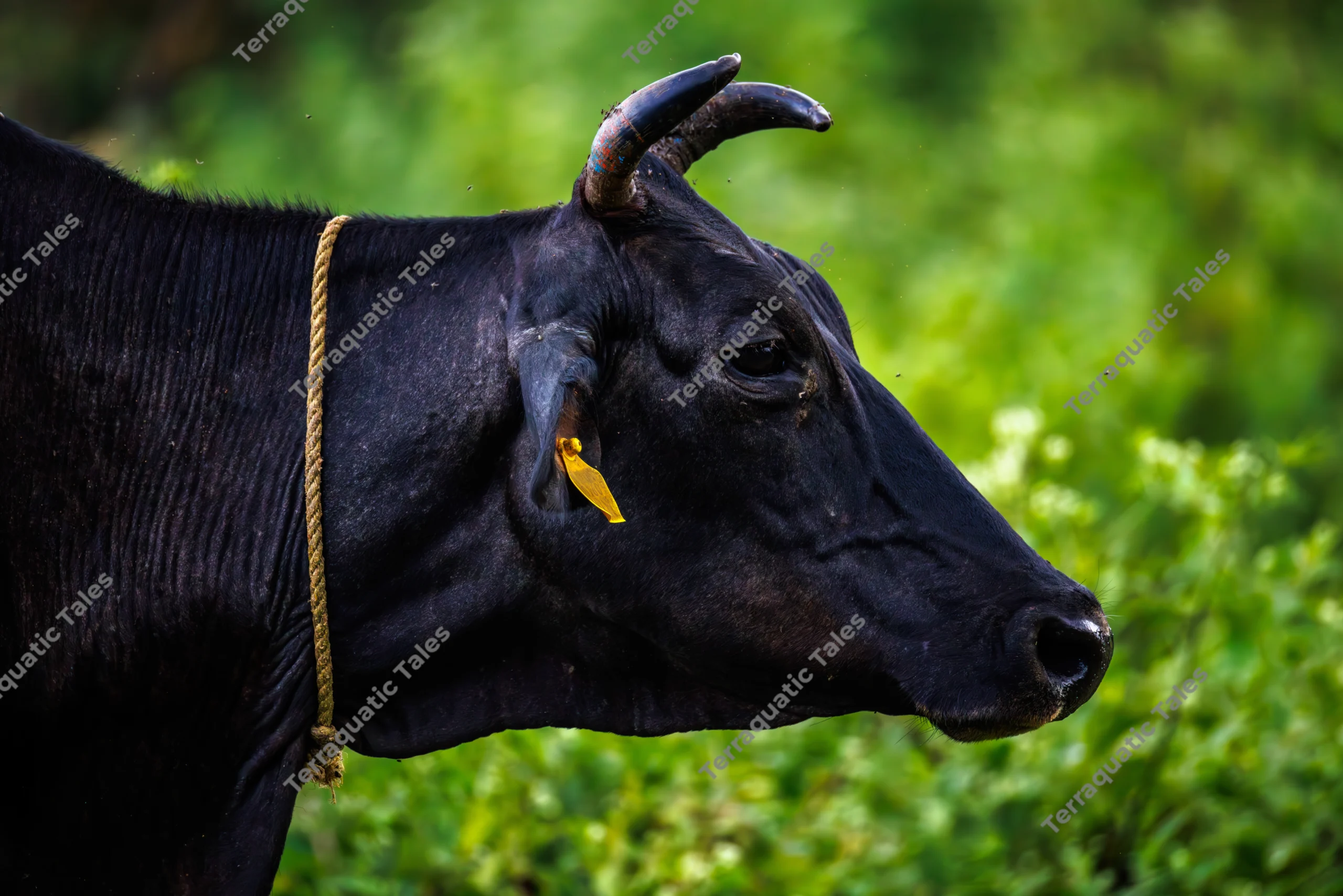 A close-up profile portrait of a black cow's head with a yellow ear tag and surrounding flies against a blurred green background in the Andaman Islands.
