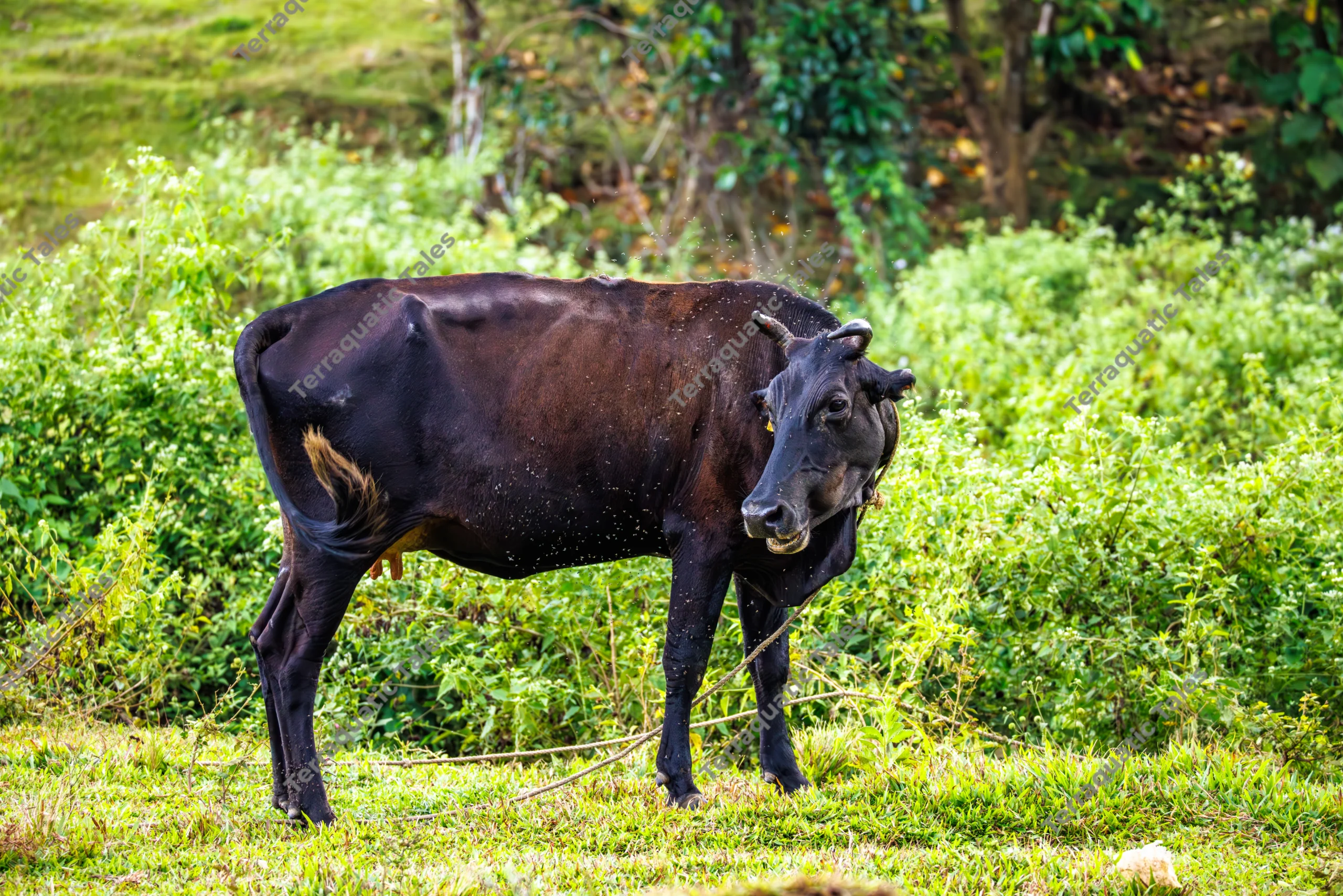 A black cow stands in a lush green rural pasture surrounded by small flies in the Andaman Islands.