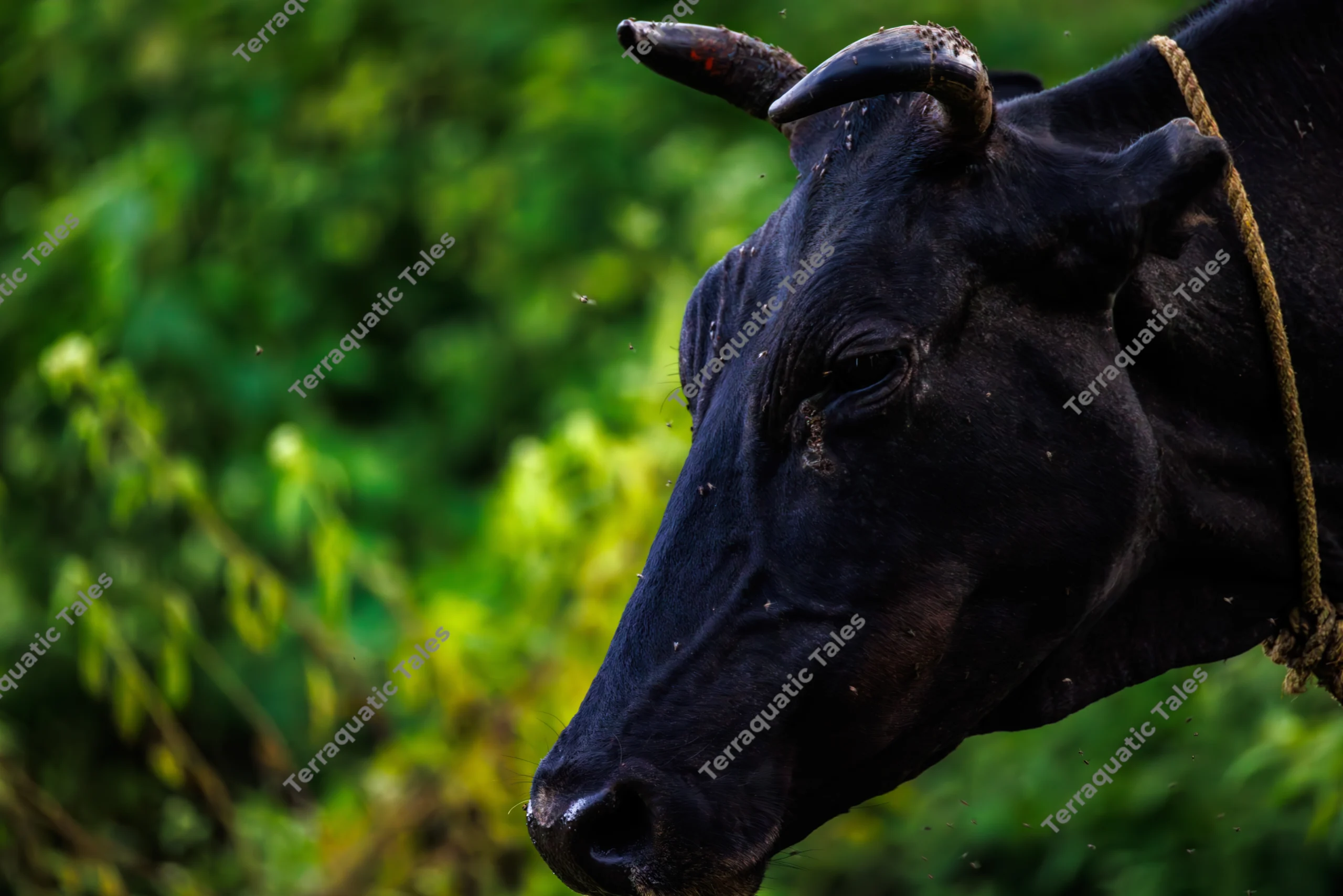A close-up profile portrait of a black cow's head surrounded by small flies against a blurred green background in the Andaman Islands.