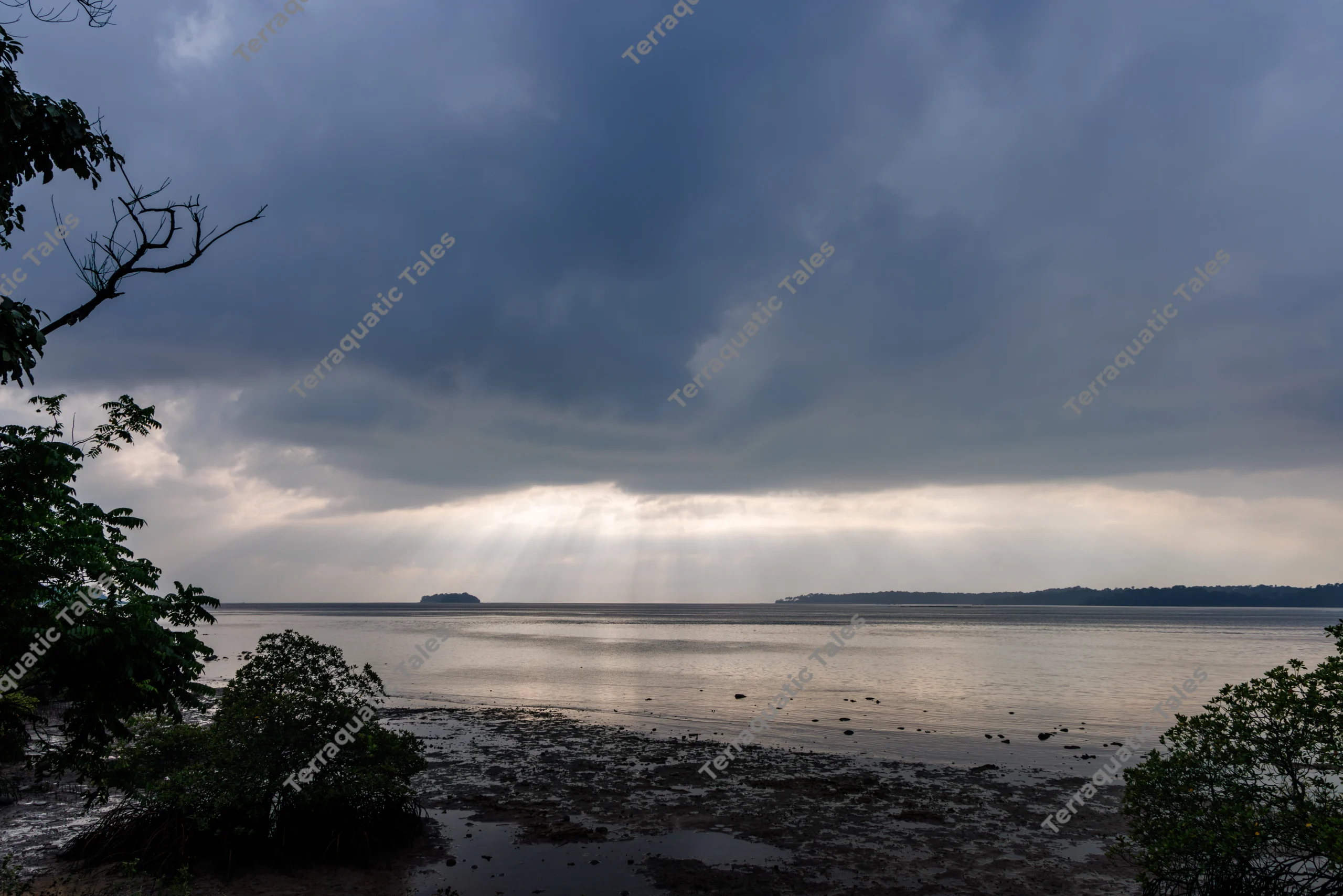 Wide shot of Sunrays beam through heavy clouds above a dark, silhouetted tropical island and calm waters in the Andaman Islands, viewed past a foreground mudflat.