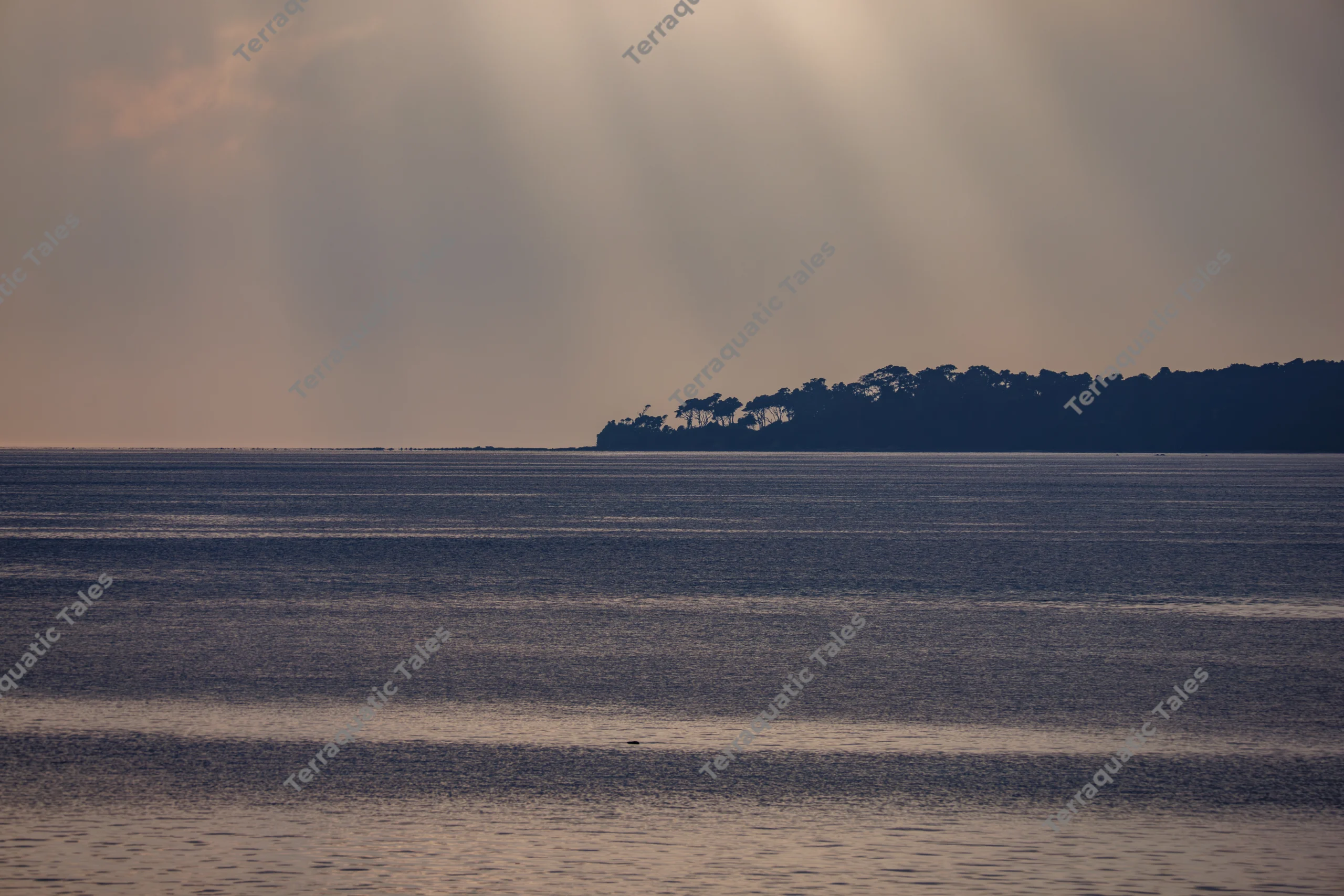 Sunrays beam through clouds above a dark, silhouetted tropical island and calm blue ocean waters in the Andaman Islands.