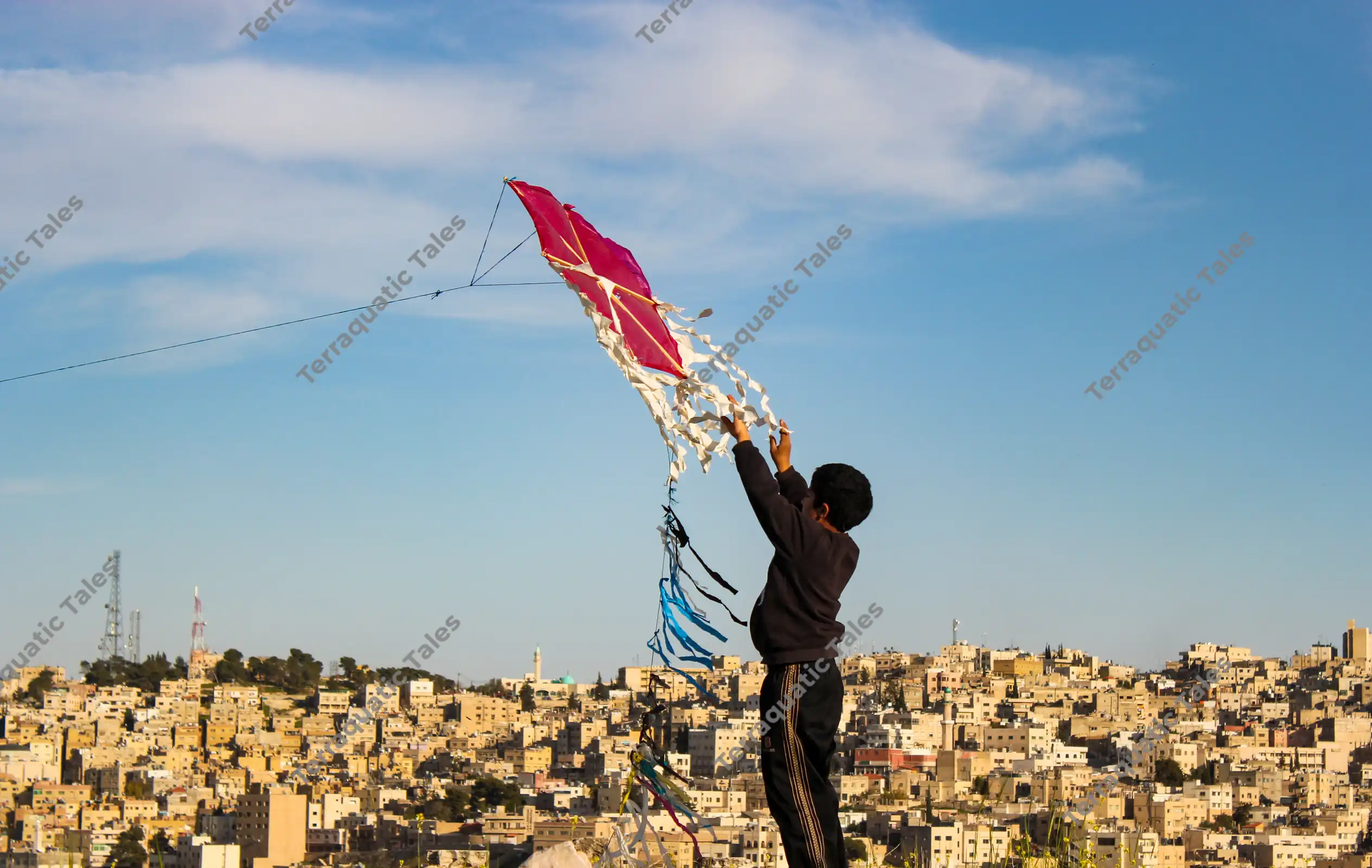 A wide landscape photograph of a young boy holding up a large kite with long tails, with the dense Amman cityscape and blue sky in the background, Jordan.