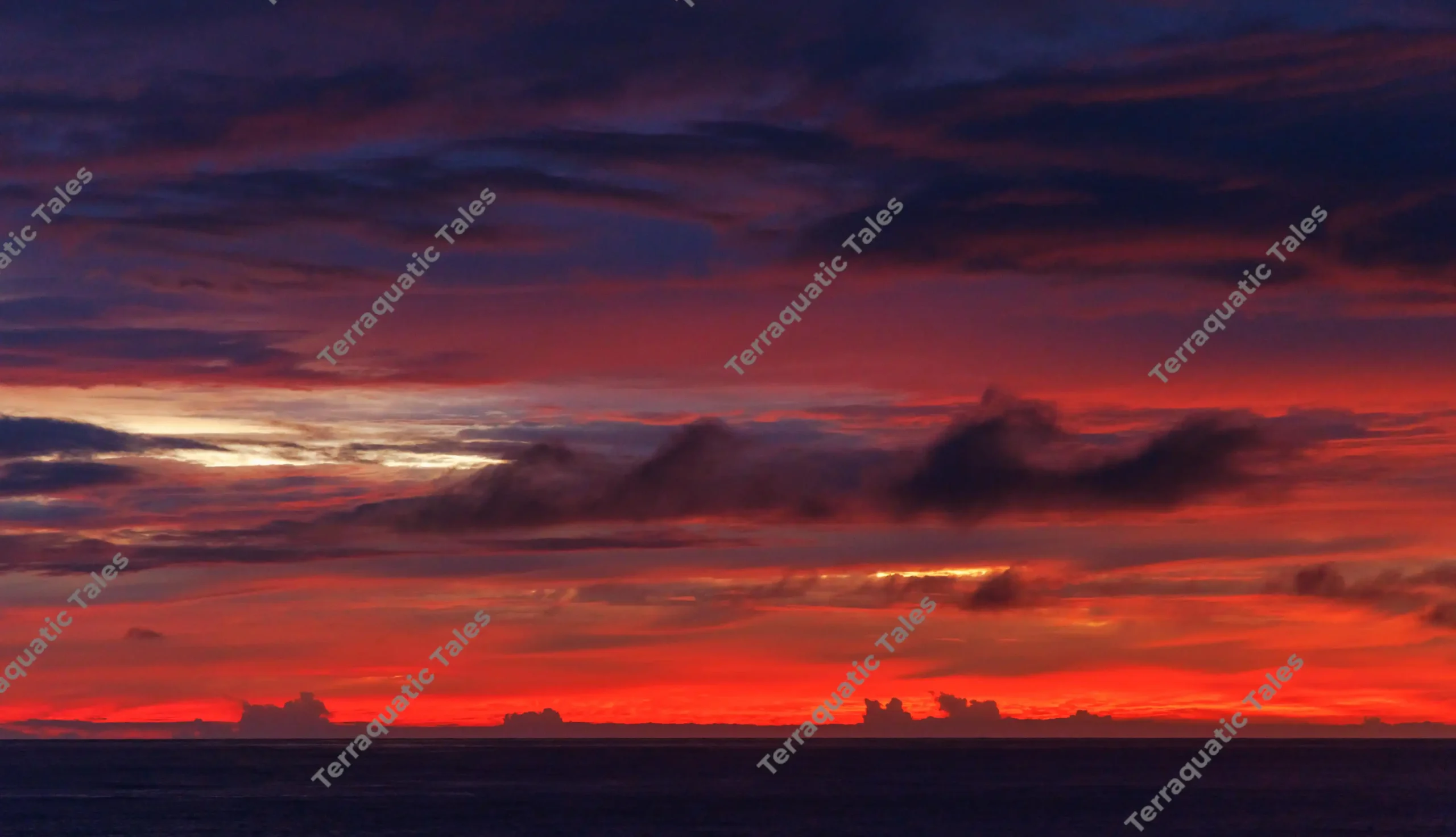 Vibrant red and purple sunset sky glowing over the dark ocean horizon in the Andaman Islands.