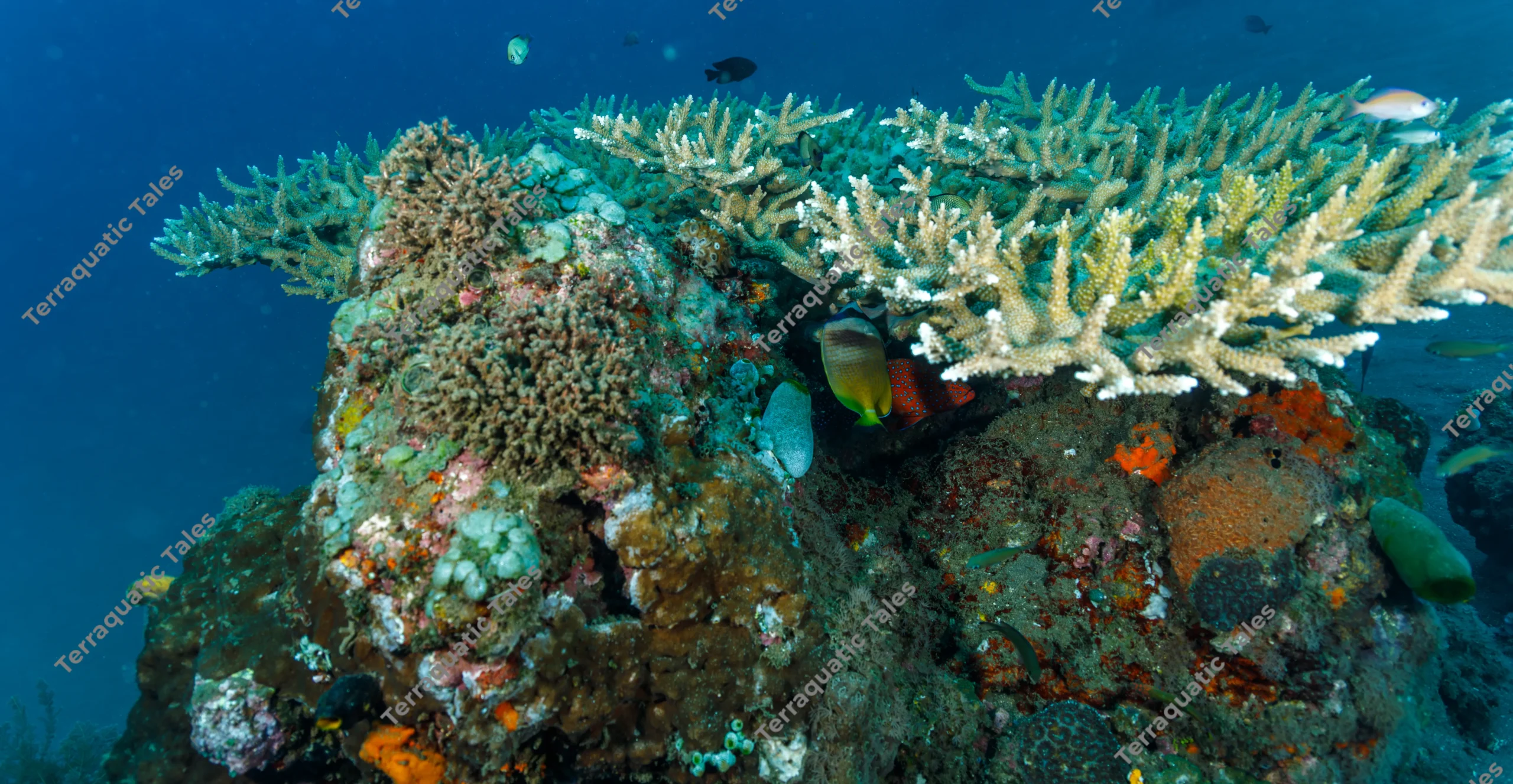 Wide-angle underwater photograph of a large branching Acropora table coral with a blacklip butterflyfish swimming in its shade on a reef in Bali.