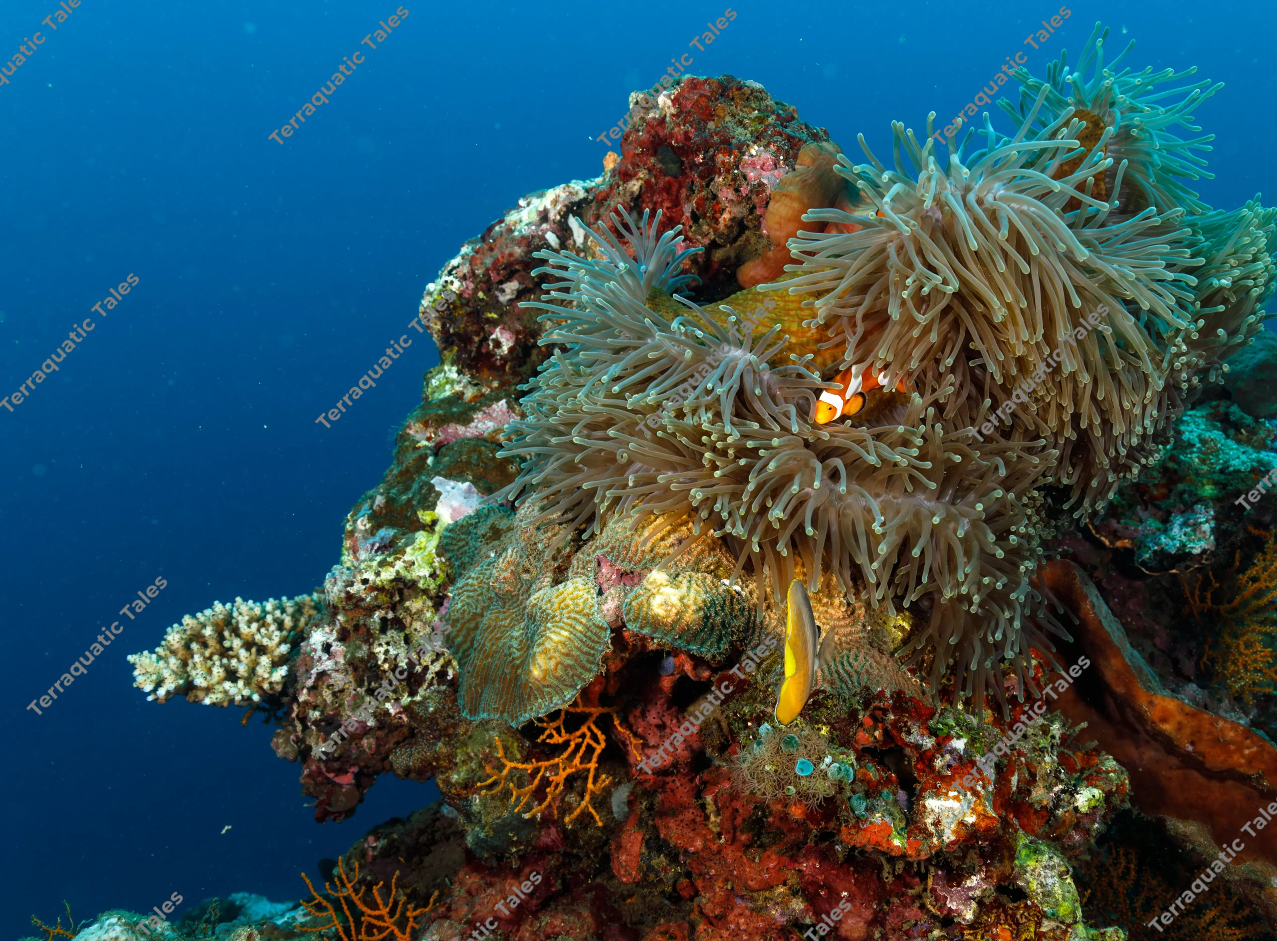 Wide-angle underwater photograph of a bright orange ocellaris clownfish nestled in sea anemone tentacles on a reef pinnacle in Bali.