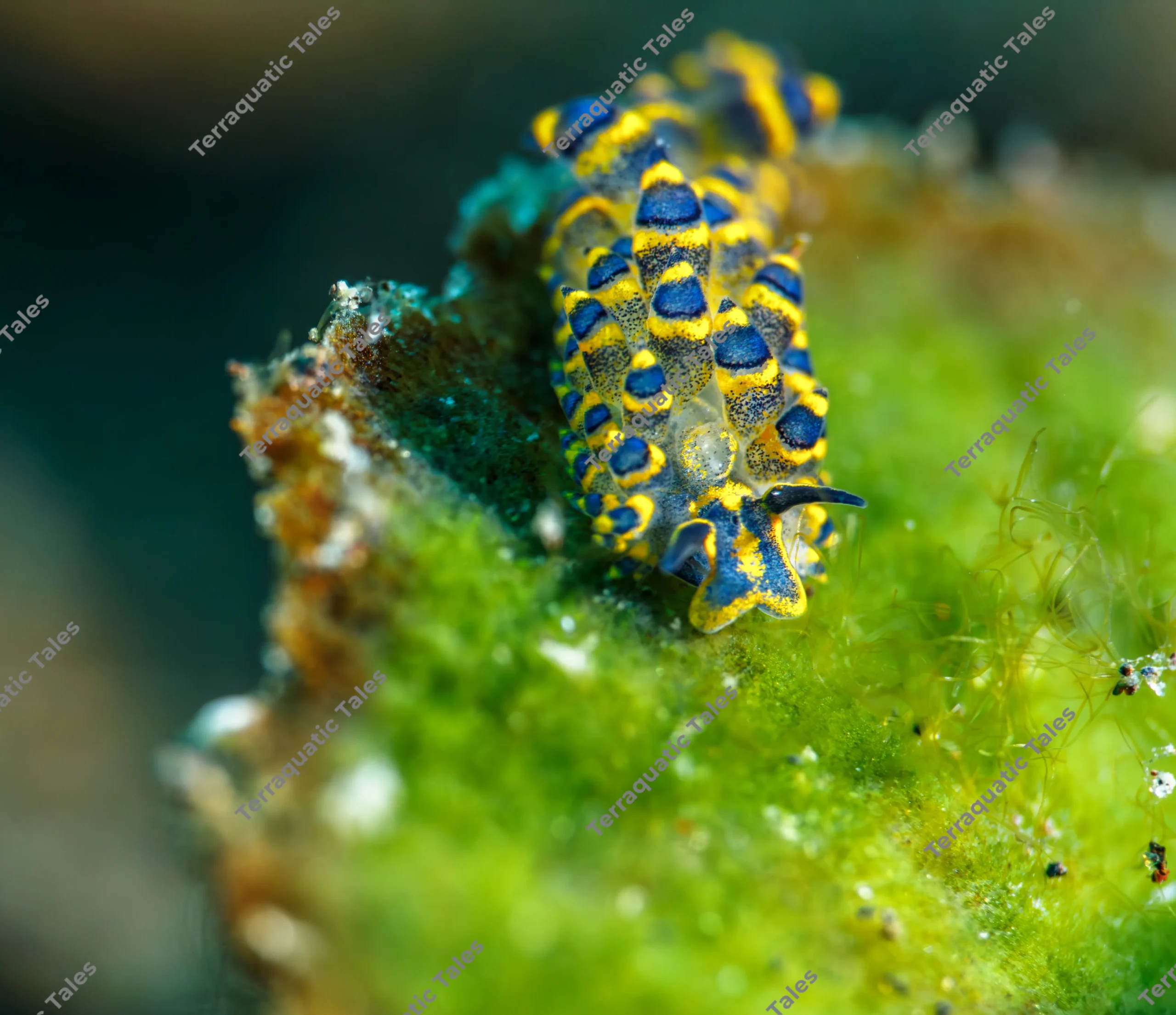 Extreme macro underwater photograph showing the blue-and-yellow face, dark rhinophores, and conical cerata of a Stiliger sea slug on green algae in Bali.