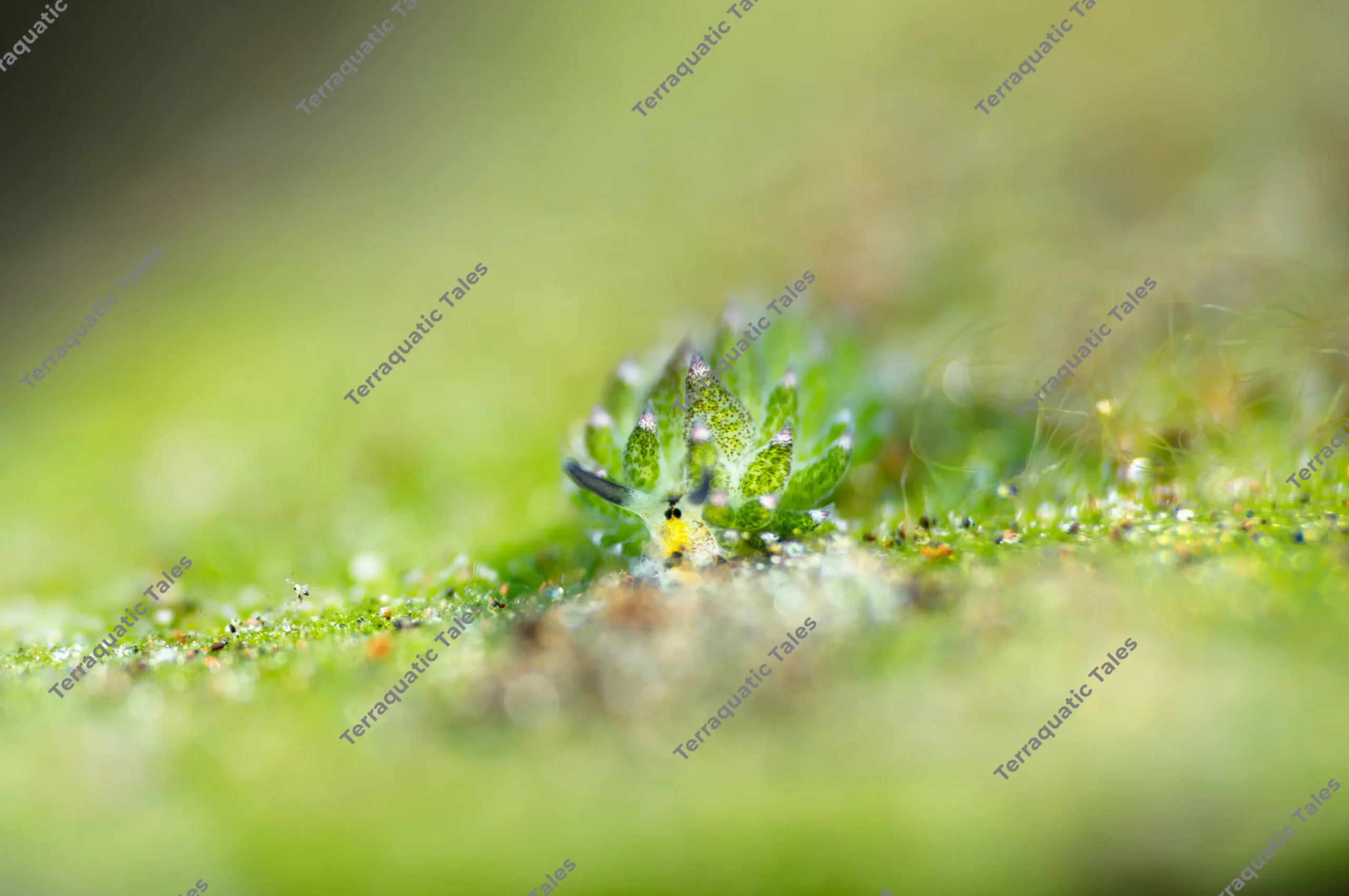 Low-angle macro underwater photograph showing the face, black eyes, and green speckled cerata of a tiny Costasiella sea slug on a green leaf in Bali.