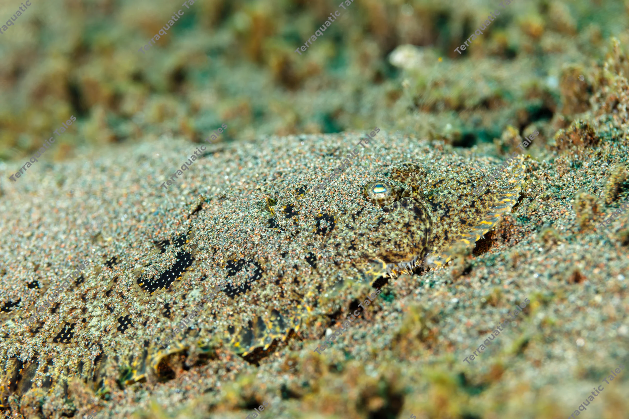 Macro underwater photograph of a flounder with mottled brown and yellow skin partially buried in black volcanic sand in Bali.