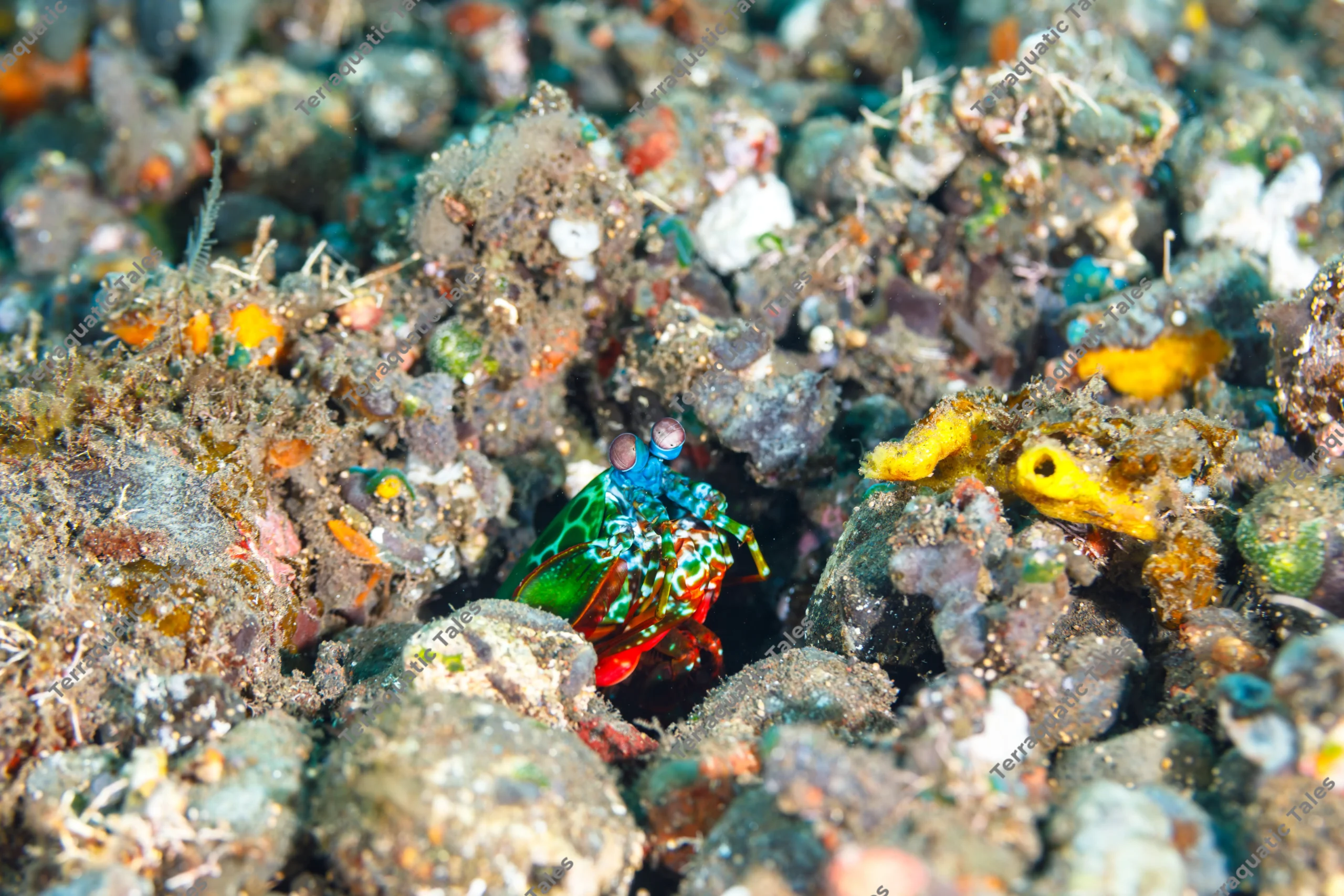 Macro underwater photograph of a colorful peacock mantis shrimp with blue eyes and green carapace peering out from a volcanic sand burrow in Bali.