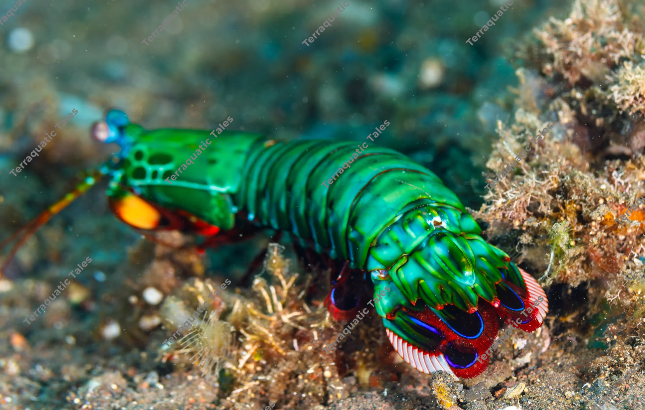 Macro underwater photograph detailing the colorful blue, red, and green tail fan and uropods of a peacock mantis shrimp in Bali.