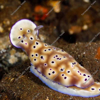Close-up macro shot of a spotted Goniobranchus tryoni nudibranch sea slug crawling on dark seabed sediment underwater in Bali.