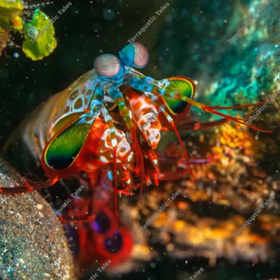 Macro photography of a peacock mantis shrimp showing vibrant green compound eyes and colorful face underwater in Bali.